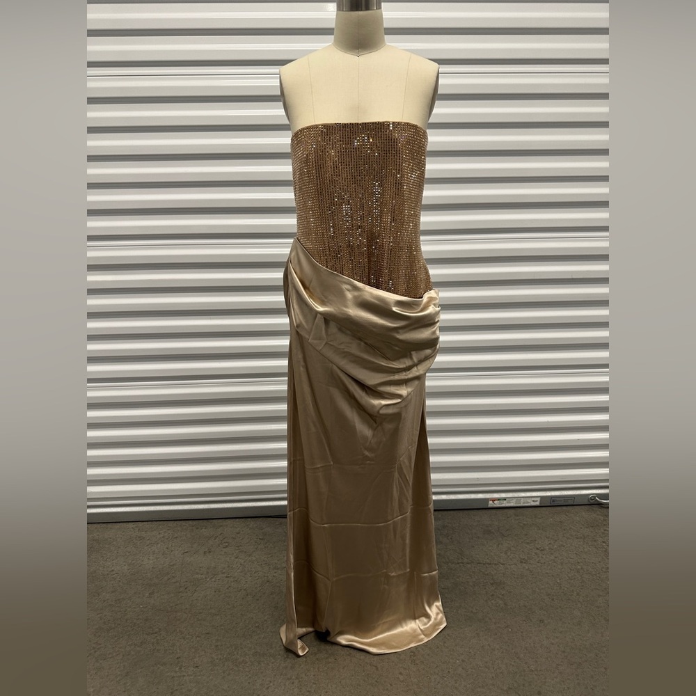 NWT $998 Retrofete Alexandra Crystal Sequin Corset Ruched Satin Maxi Dress XL - Picture 2 of 4